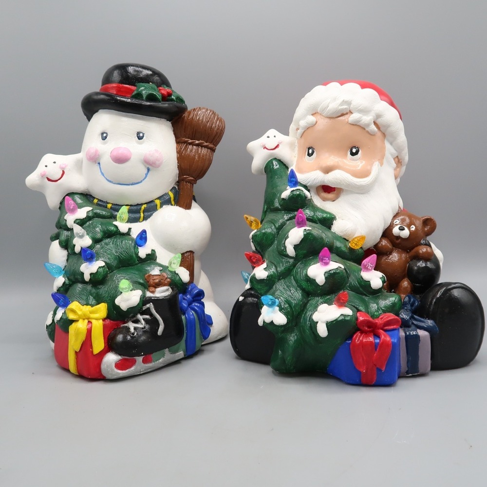 Vintage California Creations Ceramic Lighted Santa w Tree & Snowman